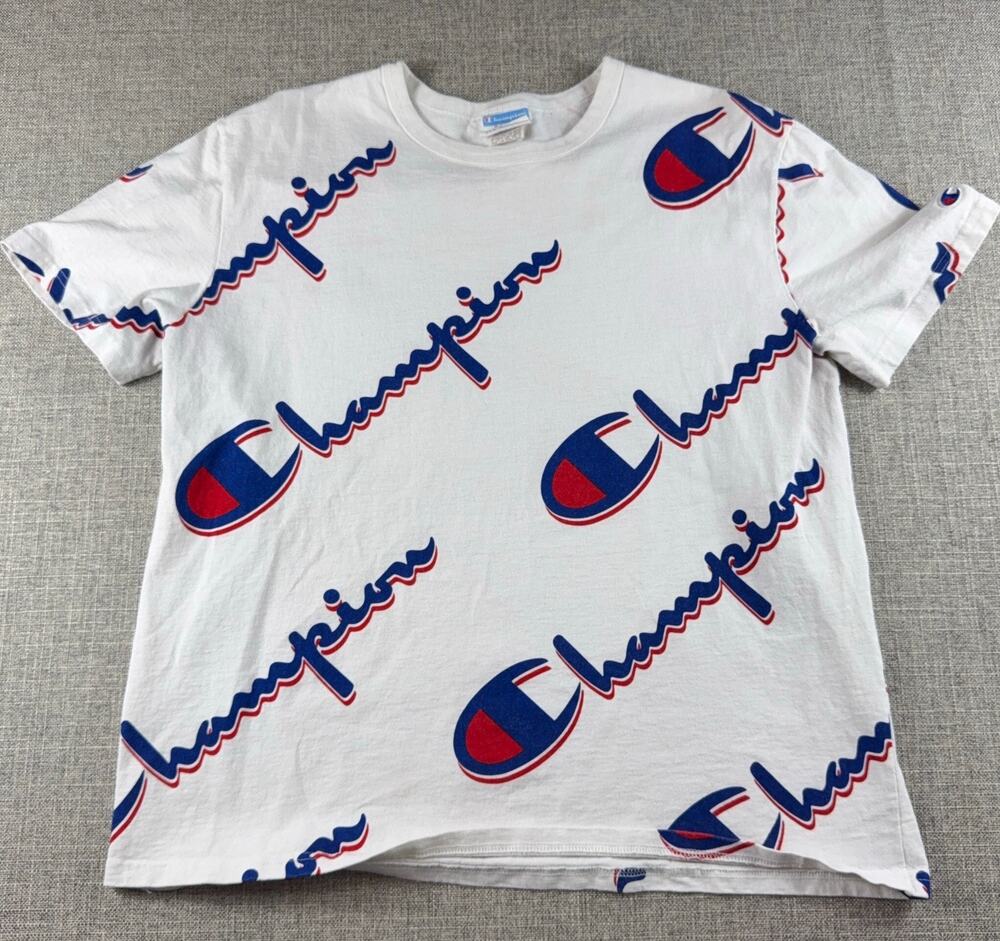 Champion All Over Logo T Shirt Mens XL White Red Blue Script Streetwear Tee